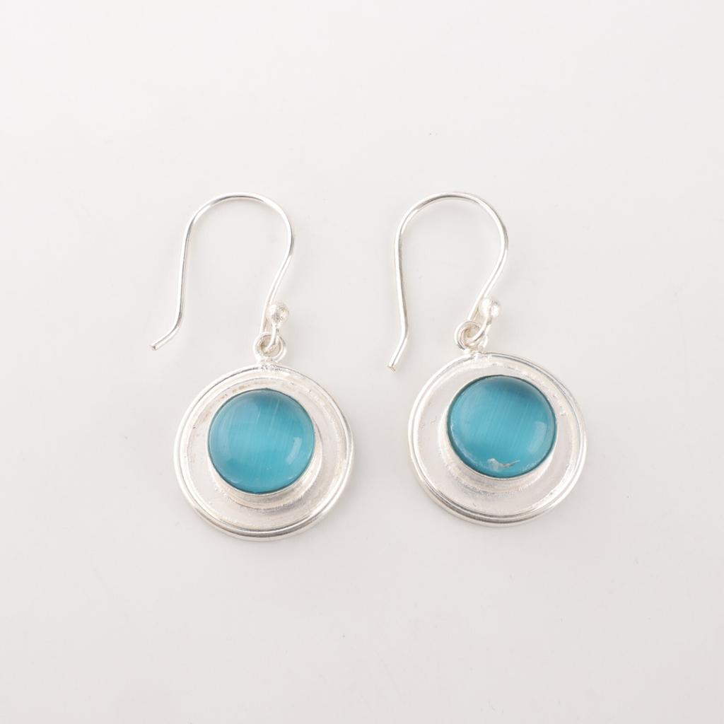 Blue Cat's Eye 925 Fine Silver Gemstone Jewelry Handmade Earrings 1.40" For Mom EE-4-48