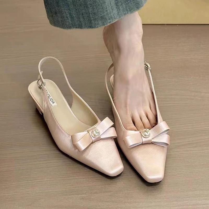 Bow Women's Sandals Pointed Toe Shallow Elegant Heels Shoes 2025 Slippers Summer Fashion New Flip Flops Dress Sandalias De Mujer