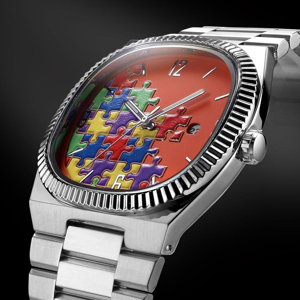 Trendy Cute Anime Style Men's Quartz Watch with Stainless Steel Bracelet Casual Wristwatch with Date Window Fashion Puzzle Dial