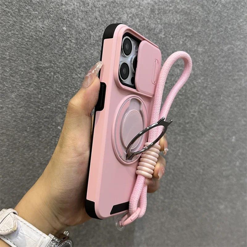 Чехол Armor Magnetic Bracket для iPhone 16 14 13 12 11 15 Pro Max Plus с защитой камеры на шнурке и выдвижным чехлом, противоударный чехол