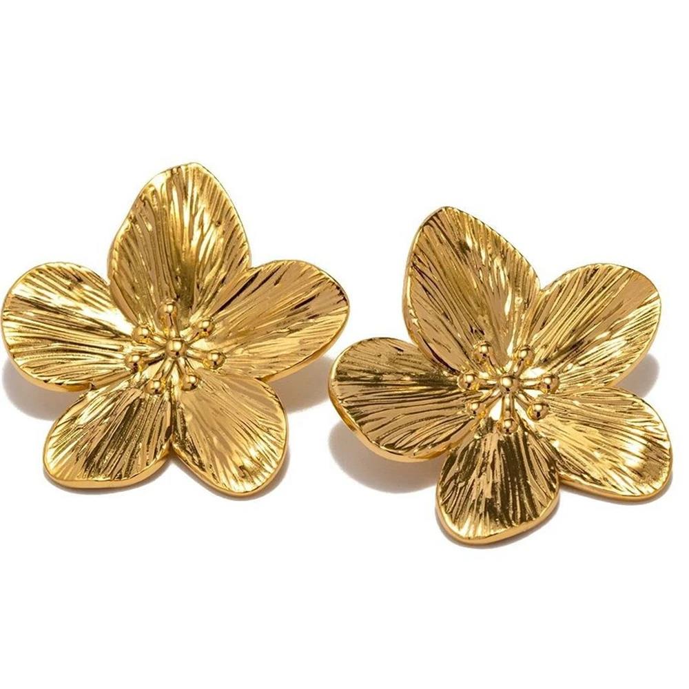Vintage Big Flower Pearl Stud Earrings Gold Color Metal Earring Trendy Luxury Party Rings For Women Girls Stylish Jewelry Gifts