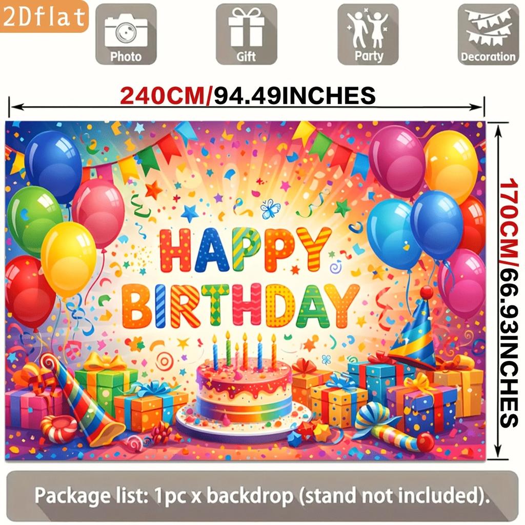 Colorful Birthday Celebration with Balloons, Cake, Gifts, Confetti and Festive Decorations Polyester Backdrop, for Party Decor Home, Club