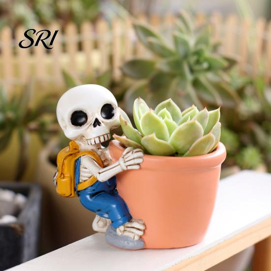 Resin Skeleton Pot Cute Planter Decorative Flowerpot Small Sun-resistant Plant for Succulents Halloween Desktop Decoration