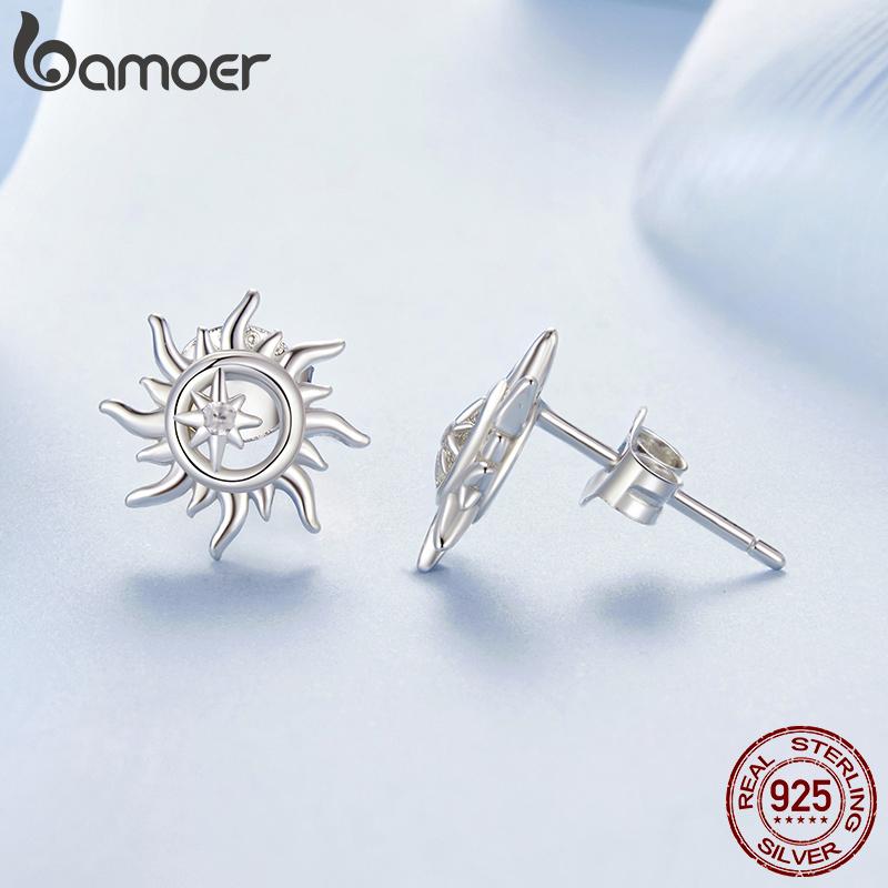 BAMOER Solid 925 Sterling Silver Chic Sun Stud Серьги Изящные Повседневные Серьги для Женщин Гипоаллергенные Украшения