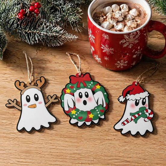 Wooden Hanging Decorations for Holiday Christmas Ghost Ornaments, Tree with Santa Hats Solid Wood Wall Decor Gothic Skull, Xmas Winter Party Supplies
