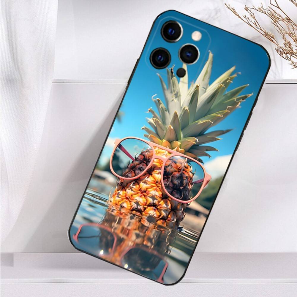 Cute Pineapple Fruit Art Case For iPhone 16,15,17,14,13,12,11 Plus,Pro Max,XS,X,XR,SE,Mini,8,7 Soft Silicone Black Cover