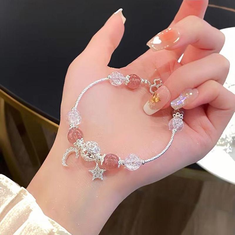 Exquisite Pink Bracelets For Women Cute Star Moon Bracelet Metal Chain Beads Bracelet Sister Girlfriend Gift