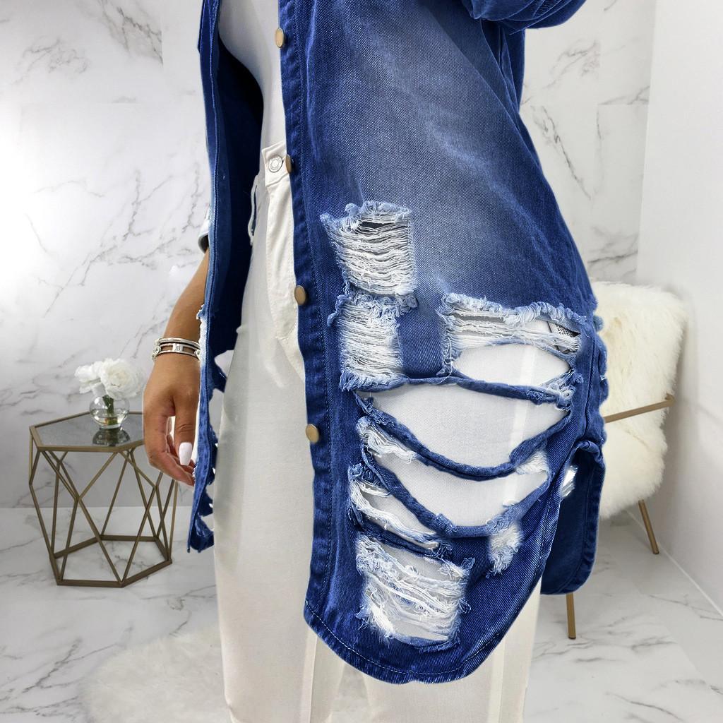 Women Casual Fashion Denim Jacket Long Jean Denim Jacket with Holes Showing Thin