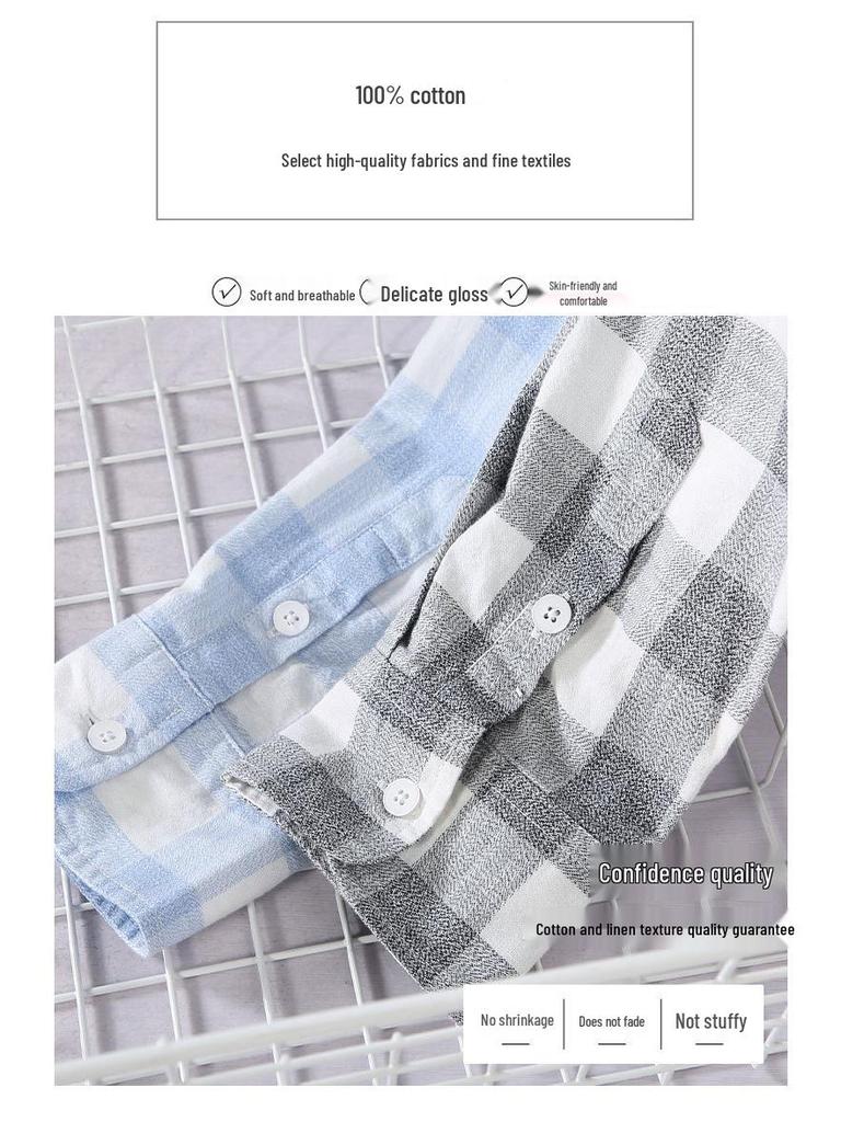 913 S/S Fresh Plaid Long Sleeve Shirt - Men's Casual Loose Fit Square Collar