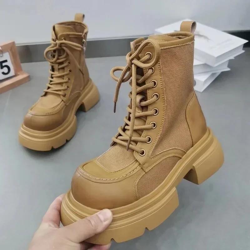 Ankle Boots for Women Chunky Platform Motorcycle Booties Female Shoes Designer Round Toe Short Boots Ladies Lace Up Work Boots
