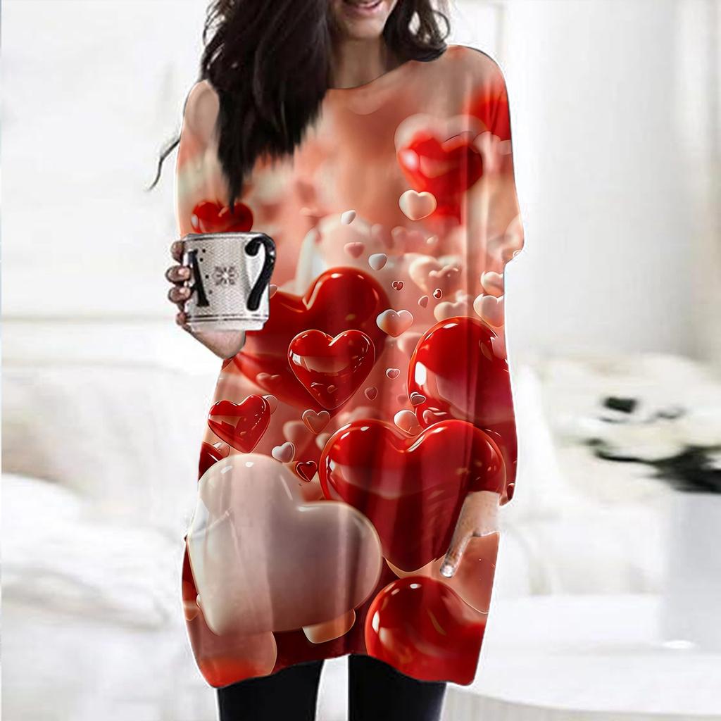 Женский модный повседневный топ с длинным рукавом и круглым вырезом ко Дню святого Валентина с принтом в виде сердца