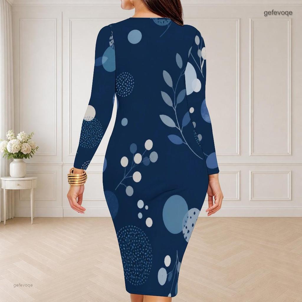Women Plus Size White Printed Round Neck Long Sleeve Bodycon Midi Dress