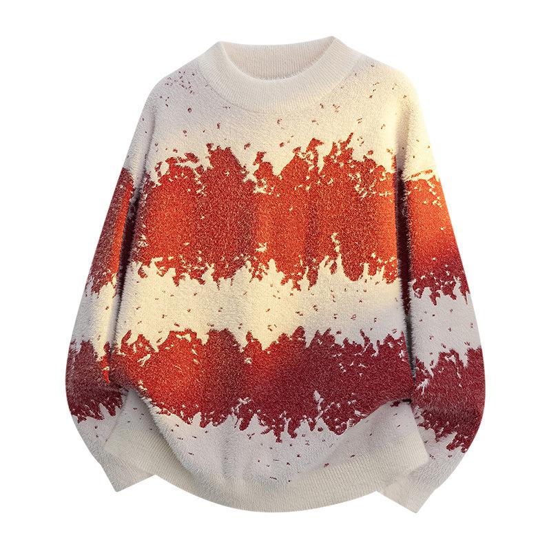 Пуловеры С длинными рукавами Свитера Унисекс Свитер Осень и Зима Градиентный цвет Шерстяной свитер Для пар Свободный Круглый вырез Базовый вязаный свитер Мужской