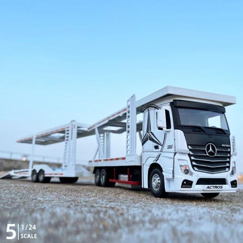 1/24 Mercedes Benz Double Decker Flatbed Transport Vehicle Alloy Diecast Metal Car Model Sound and Light Science Education Series