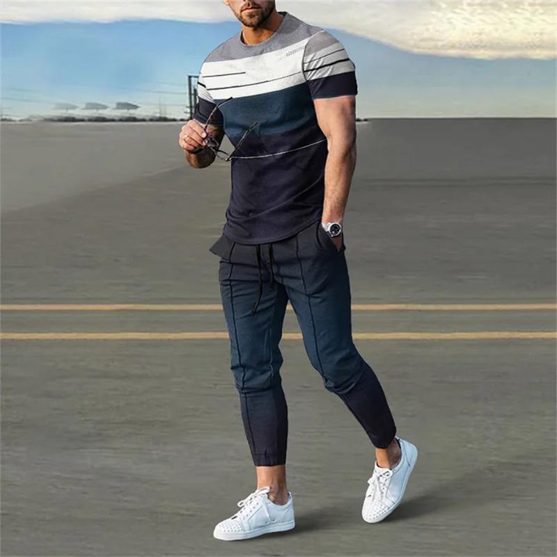 Мужская футболка, спортивный костюм, комплект из 2 предметов, короткий рукав, спортивная одежда, костюмы, модная мужская одежда, брюки, повседневные топы с круглым вырезом, брюки, уличная одежда