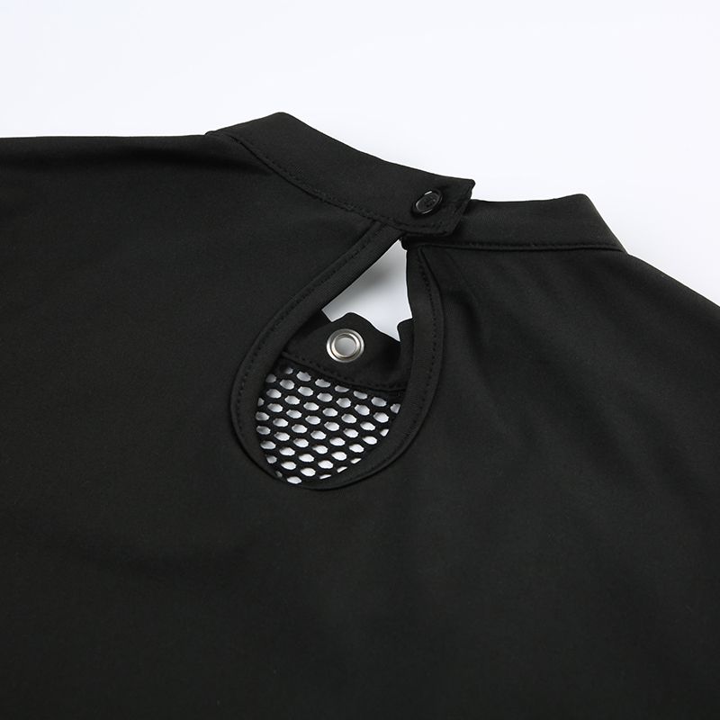 Готический черный укороченный топ, шикарная прозрачная сетчатая лоскутная футболка с длинным рукавом, облегающая базовая футболка для женщин в стиле панк, прошитые футболки