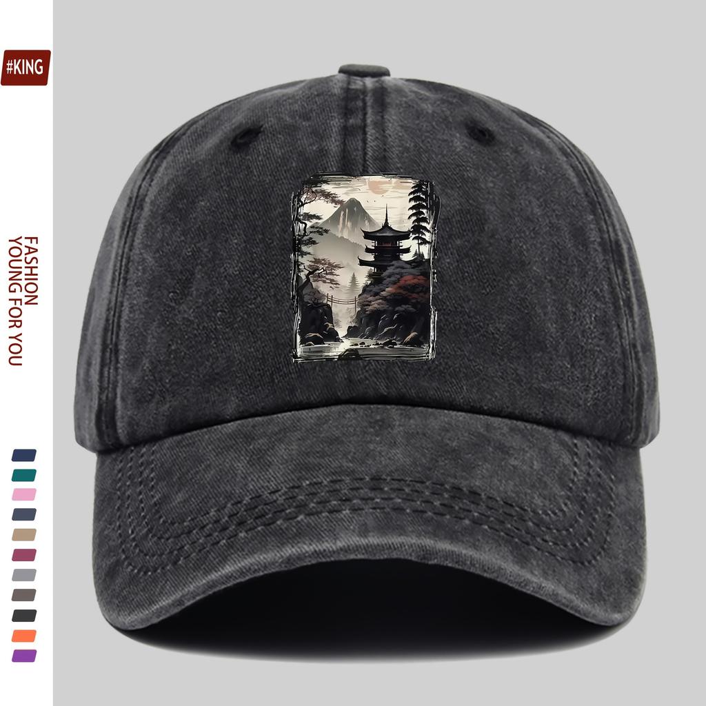 Japanese Pagoda Mountain Print Washed Baseball Cap Unisex Cotton Adjustable Curved Brim Outdoor Golf Hat