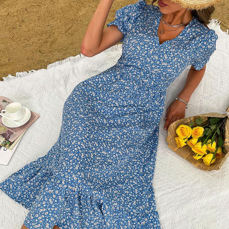 Длинное платье с v-образным вырезом и цветочным принтом для женщин, летнее платье макси с короткими рукавами и высокой талией, дышащее легкое платье для работы и отдыха