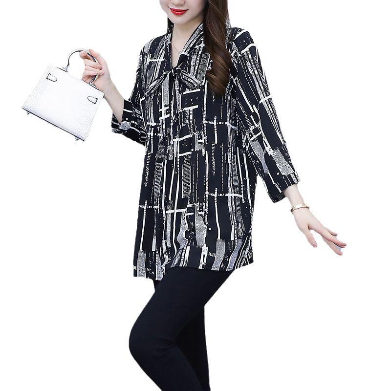 Стильная шифоновая блузка для матерей среднего возраста - Весна/Лето 2024, Свободный крой, Большой размер, Топ с рукавом 3/4