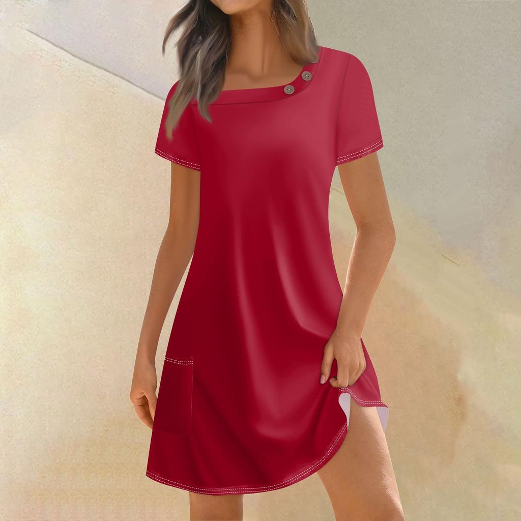 Женская мода, летние платья с квадратным вырезом и коротким рукавом, повседневные свободные однотонные платья с карманами и пуговицами