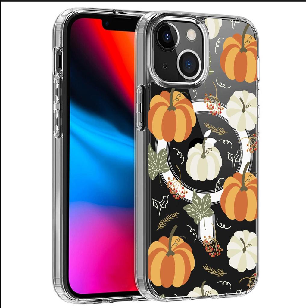 Магнитный чехол для телефона с блоками цвета и тыквой для iPhone 15/16/17 Pro Max - Прозрачный, Полная защита