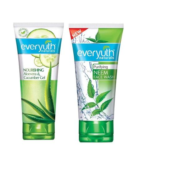 Everyuth Naturals Комбинация питательного геля алоэ вера и огурца, 100 г и очищающего средства для умывания лица с нимом, 50 г, (Пакет из 2)