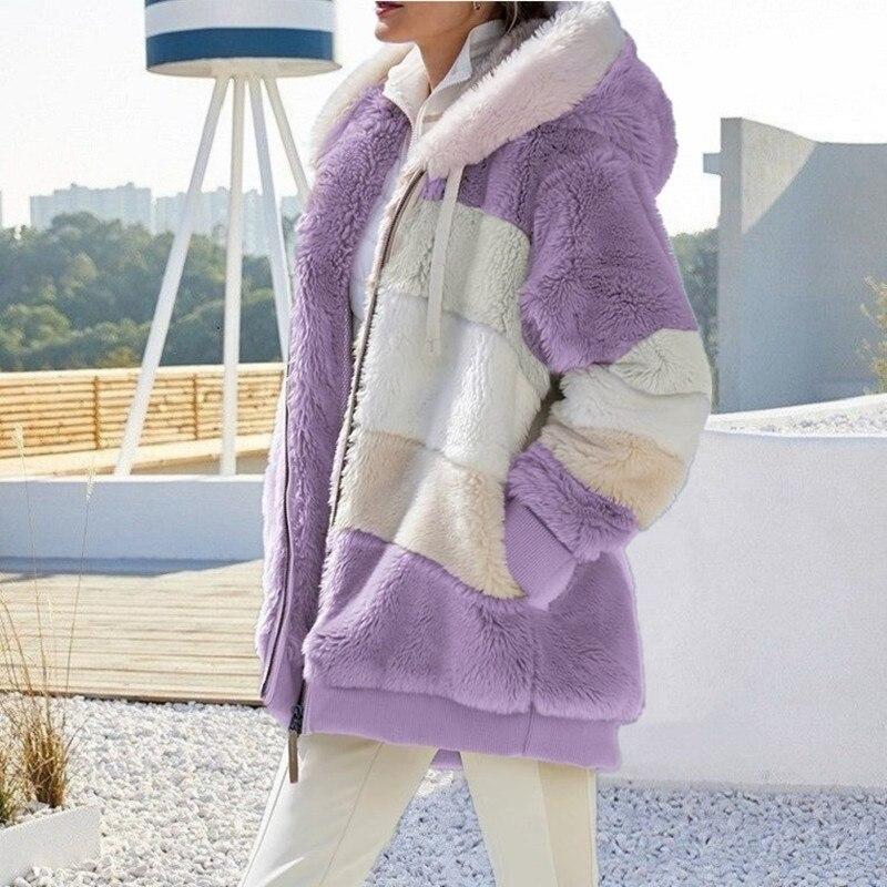Winter Women's Fashion Hooded Warm Loose Jacket for Women Patchwork Outerwear Zipper Ladies Plus Size Sweaters