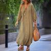Spring Autumn Dress Button-down Three-quarter Sleeves Loose Maxi Dress Pure Color V Neck Cardigan Casual Daily Dress