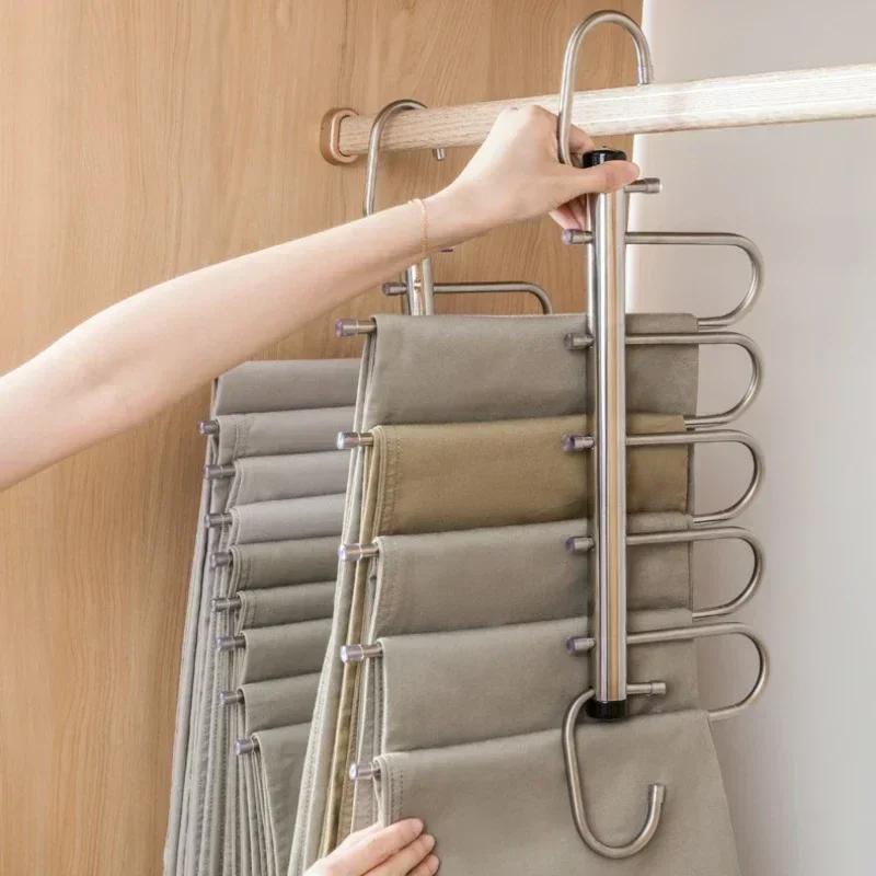 Folding Magic Pants Hangers 5/9layers Stainless Steel Space Saving Clothes Rack Organizer For Wardrobe Jeans Trousers Scarf