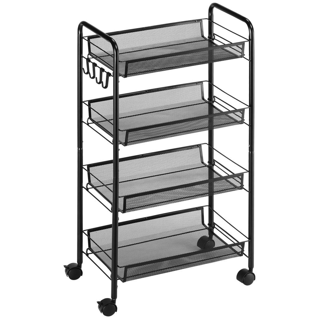 Rolling trolley with 4 hanging baskets, serving trolley on wheels, mobile, removable hooks, steel, 45 x 26.5 x 84 cm, black