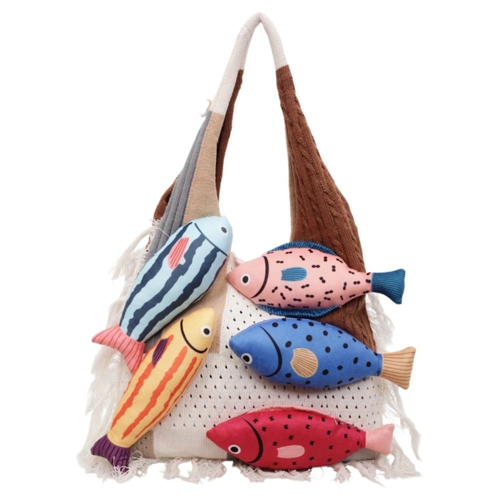 Fish Cotton Crochet Shoulder Bag Large Capacity Tassels Beach Handbag Hollow Out Woven Bag Beach