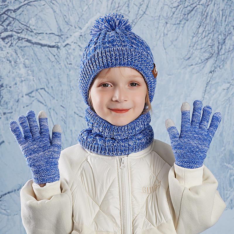 Children's Cap Scarf Gloves Three-Piece Set Coldproof Wool Cap Boys Girls Outdoor Warm Knitted Hat
