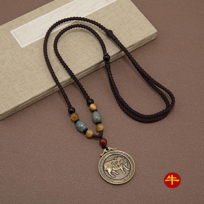 Латунное ожерелье в этническом стиле «Двенадцать знаков зодиака», ретро, универсальная длинная цепочка для свитера, мужской и женский кулон-подвеска года рождения