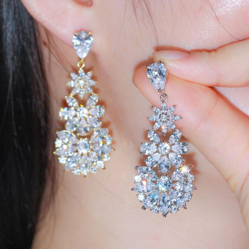 Длинные серьги-капли WWJ Exquisite Flower с разноцветным цирконом