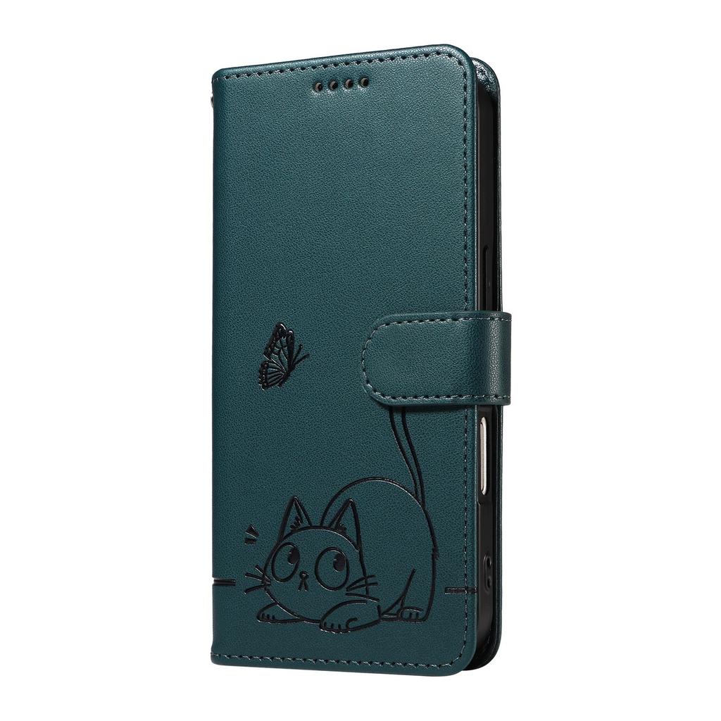 Leather Wallet Flip Case For OPPO Reno 15 Pro Max mini 15F 14 14F 13 13F 12 12F 11 11F 10 Cat and Butterfly Embossed,Wrist Strap
