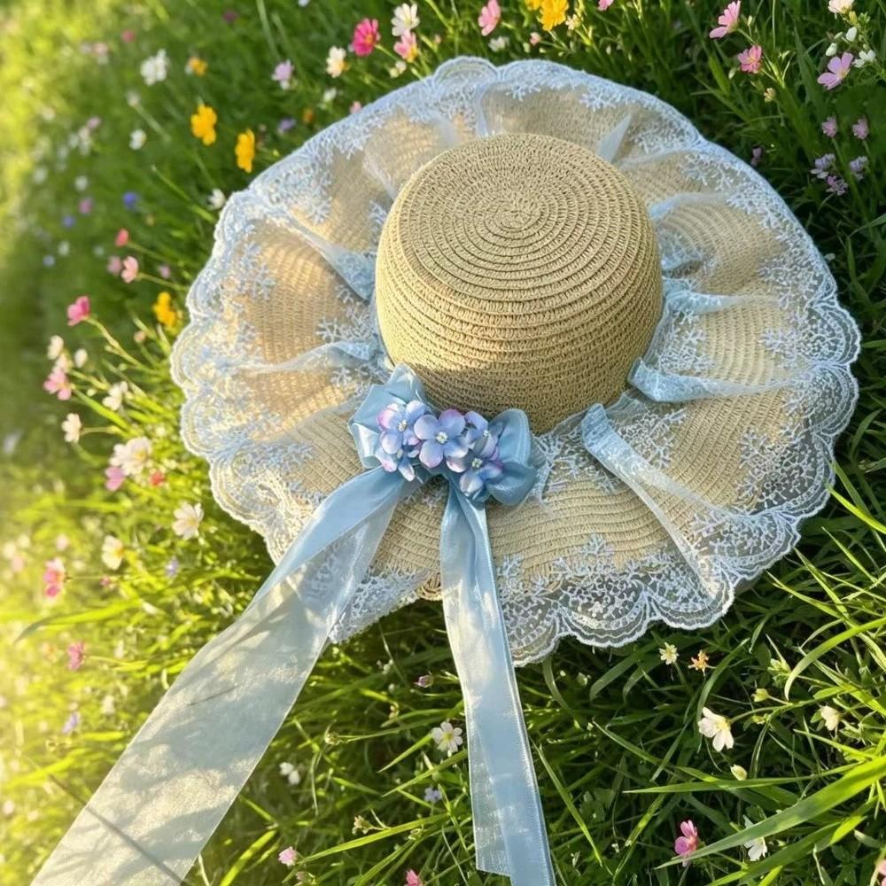 Floral Design Woman's Straw Hat Elegant Sun Protection Cap Lace Brim Sunshade Cap Casual Wear