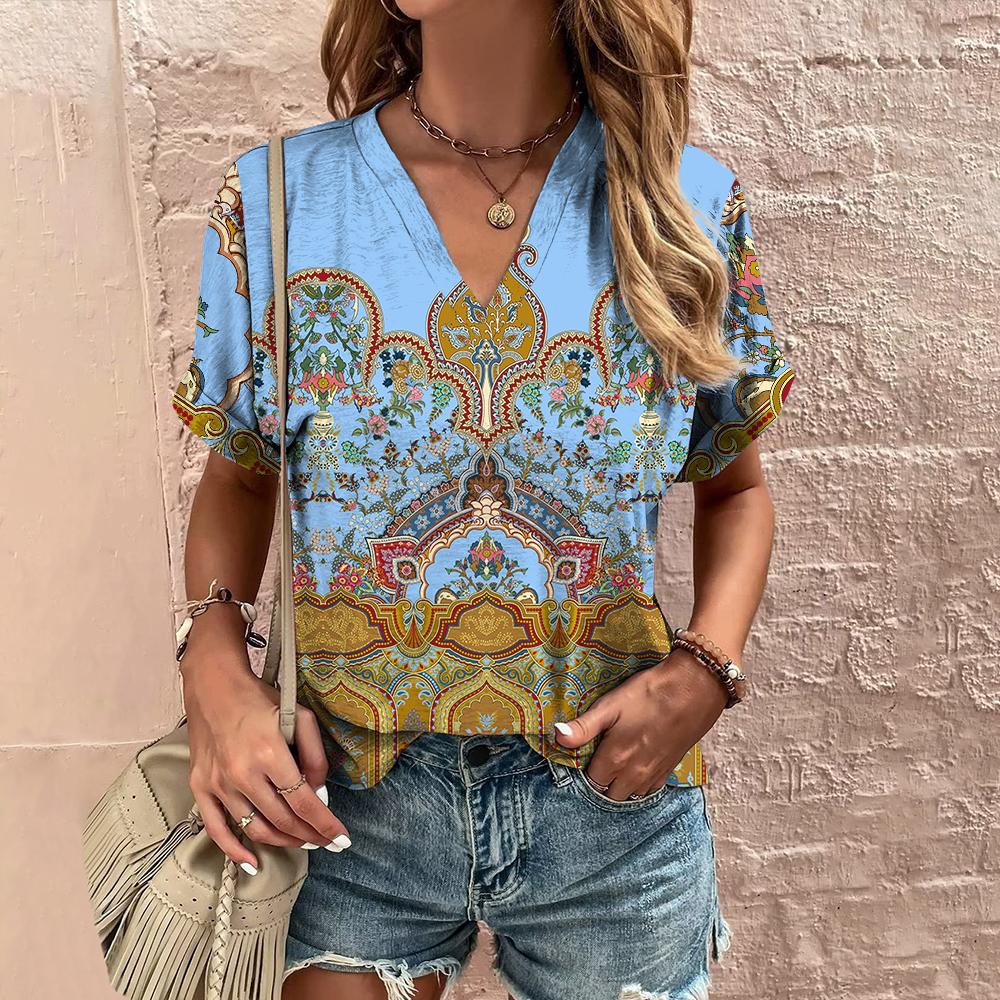 Новая женская футболка, летняя одежда с v-образным вырезом, этнический топ с короткими рукавами, повседневная уличная футболка в стиле Харадзюку для женщин, пуловер в стиле хип-хоп