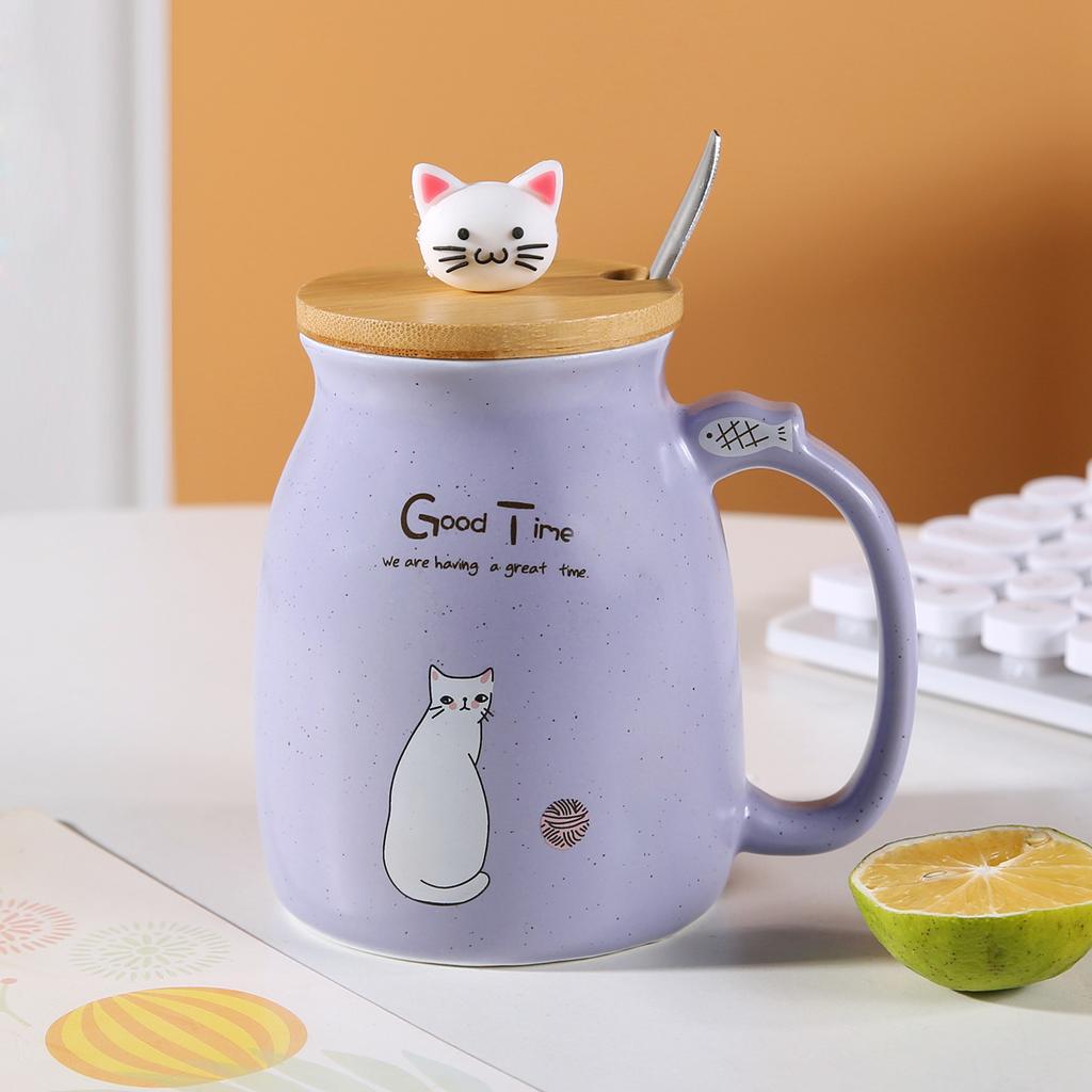 Kawaii Cute Cat Ceramic Coffee Mug with Kitty Lid And Spoon Japanese Style Tea Cup for Women Cat Lovers Novelty Gifts