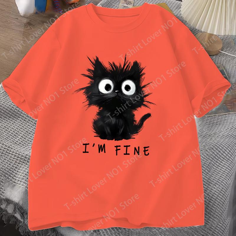 Новая женская милая футболка с графическим принтом кошек, короткий рукав, круглый вырез, повседневная футболка, топы, классные, с надписью "Я в порядке", женские футболки, топы