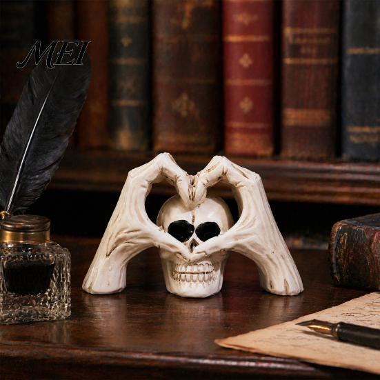 Creative Tricky Festival Gift Gothic Skeleton Hands Heart Sculpture with Skull, Romantic Love Statue, Halloween Unique Haunted House Props Shape