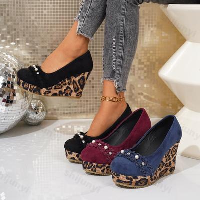 Модная платформа, клиновидная подошва, весна, осень, новая женская обувь с леопардовым принтом, увеличение роста, модная одинарная обувь, удобные нескользящие туфли на высоком каблуке