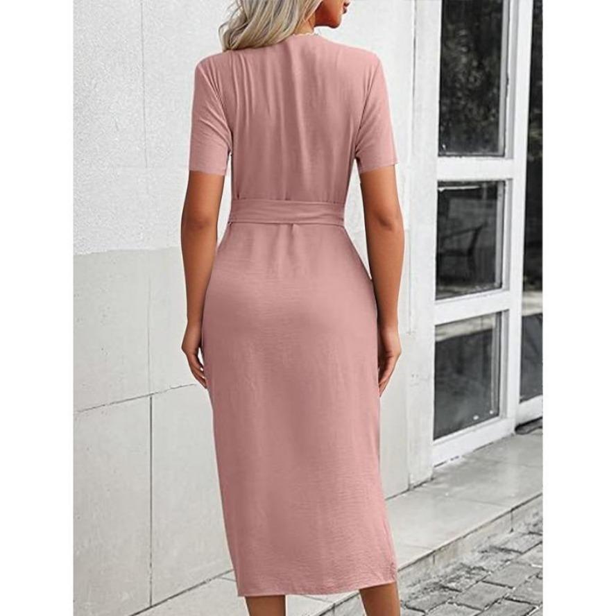 YYFS Женские модные летние весенние однотонные повседневные платья с v-образным вырезом и короткими рукавами и высокой талией