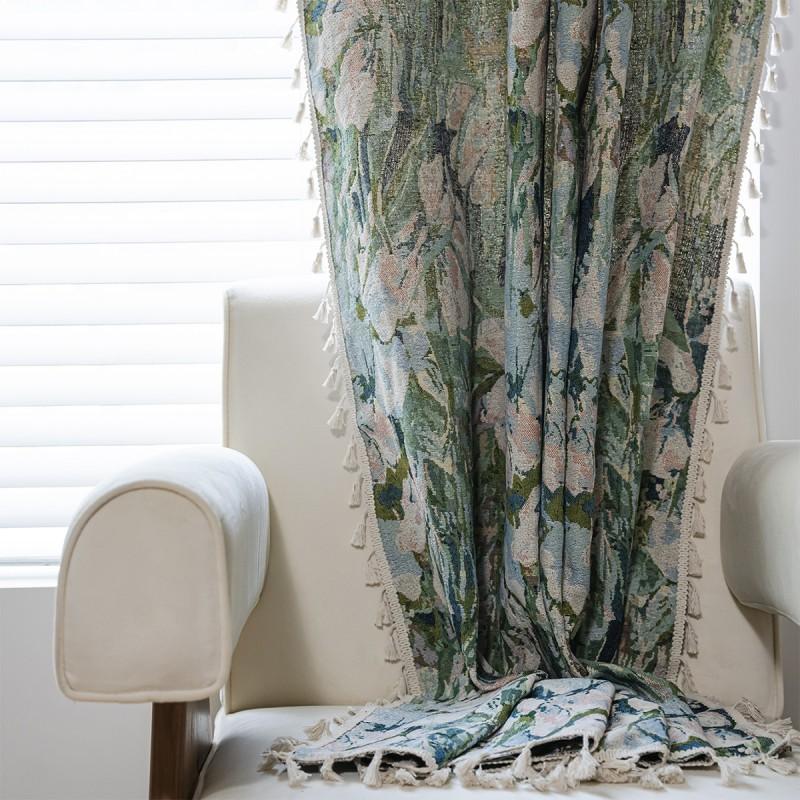 ImanQiYun Curtain Green Floral Jacquard Tassel Valance Semi-Sheer Kitchen Bay Window