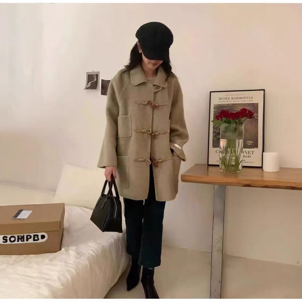 Новое ретро-колледж-стиль, двухстороннее шерстяное пальто с роговыми пуговицами для женщин, модная средняя длина