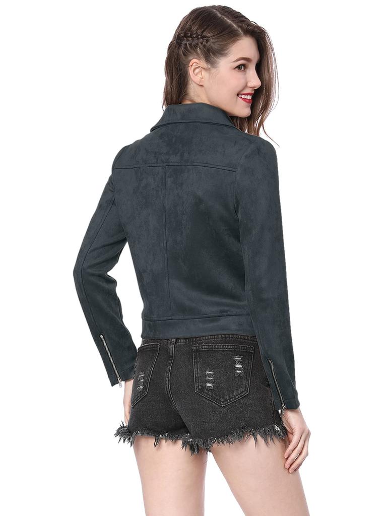 Allegra K Женская повседневная куртка, Длинный рукав, Короткая длина, Замша, Темно-синий, Размер L