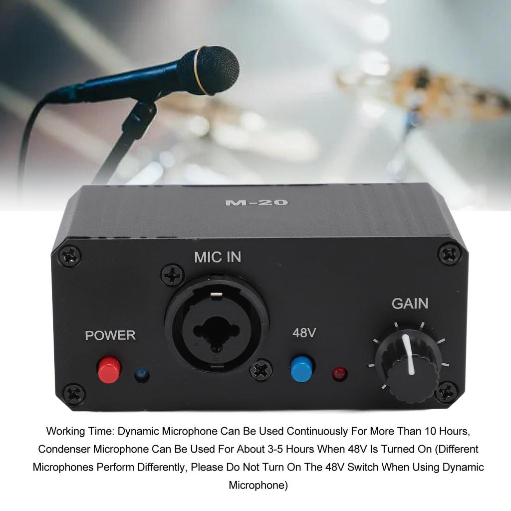 Microphone Microphone Gain Booster for Dynamic Condenser Microphones with 48V Phantom Power and XLR for Live and Recording Preamp, Output, Podcasting,