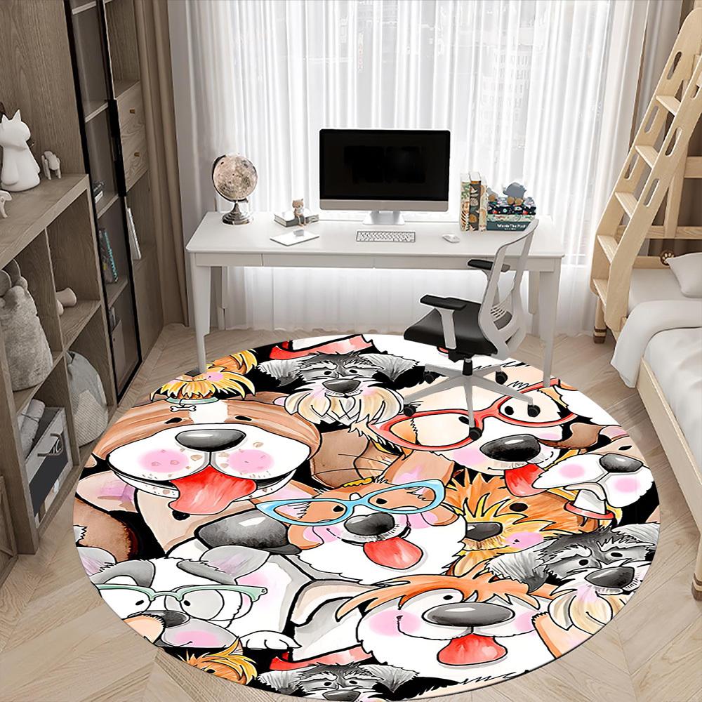 1PC Dogs Cute Office Round Area Rug, Mat Suitable For Office, Under Office Chairs Bedroom Living Room Home Decor, Room Deco
