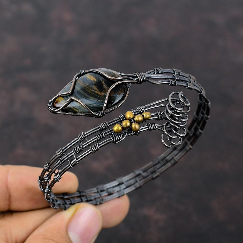 Pietersite браслет из медной проволоки, обернутый драгоценными камнями, регулируемый браслет-манжета, браслет ручной работы, браслет-манжета из медной проволоки, свадебный подарок