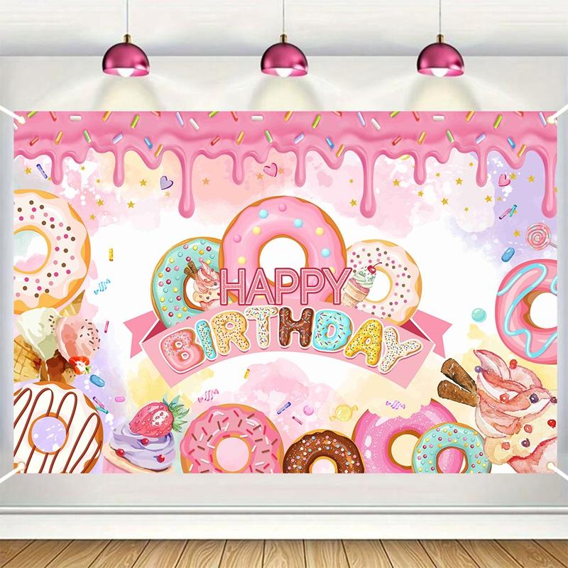 Donut Theme Party Backdrop Banner Happy Birthday Party Decor Photo Booth Background Baby Shower Girl Hanging Flag Backdrop Props