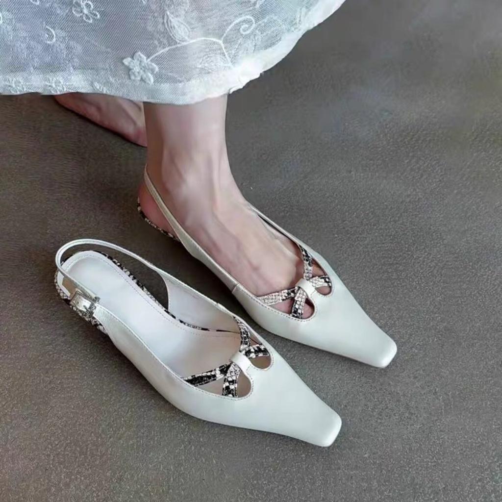 Sheepskin Version~ Square Head Hollow Design Kitten Heel Sandals Women's French Temperament Bag Head One-word Buckle Belt Low Heel Shoes